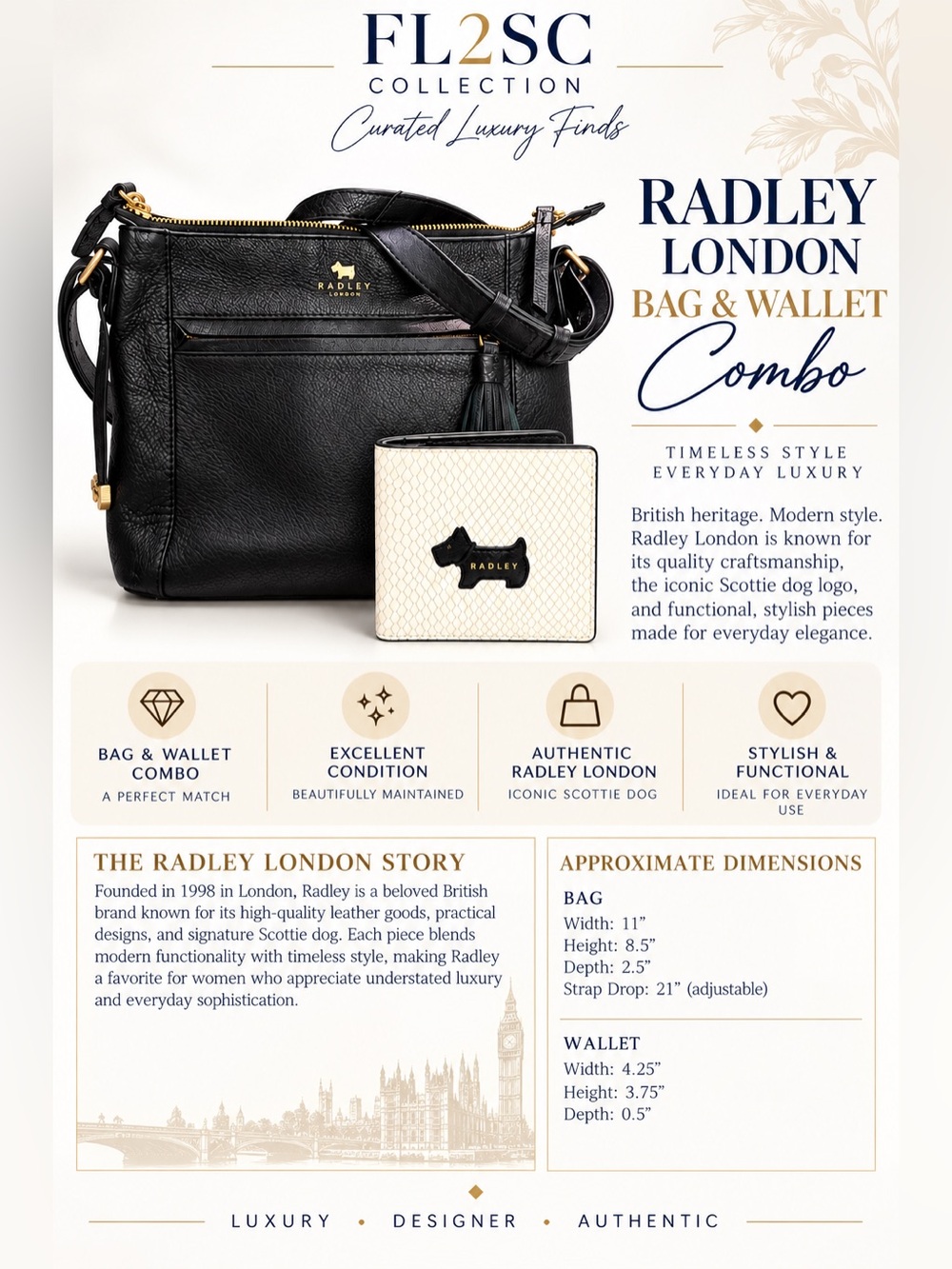 RADLEY LONDON Black Leather Crossbody Bag with Cream Scottie Wallet